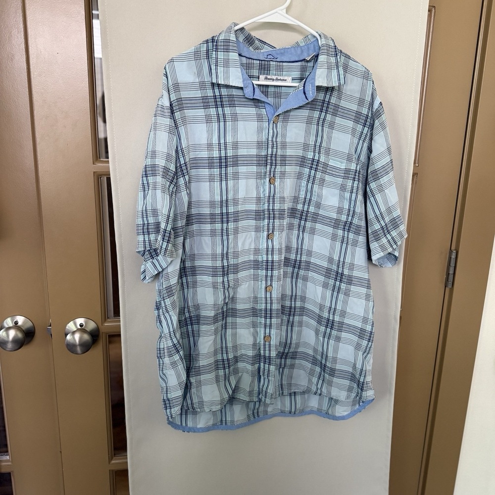 Tommy Bahama Men's XXL Blue Plaid The Coconut Point Short Sleeve Button Up Shirt